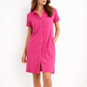 SOFT SURROUNDINGS 100% Cotton Short Sleeve Button-Up V-Neck Shirt Dress